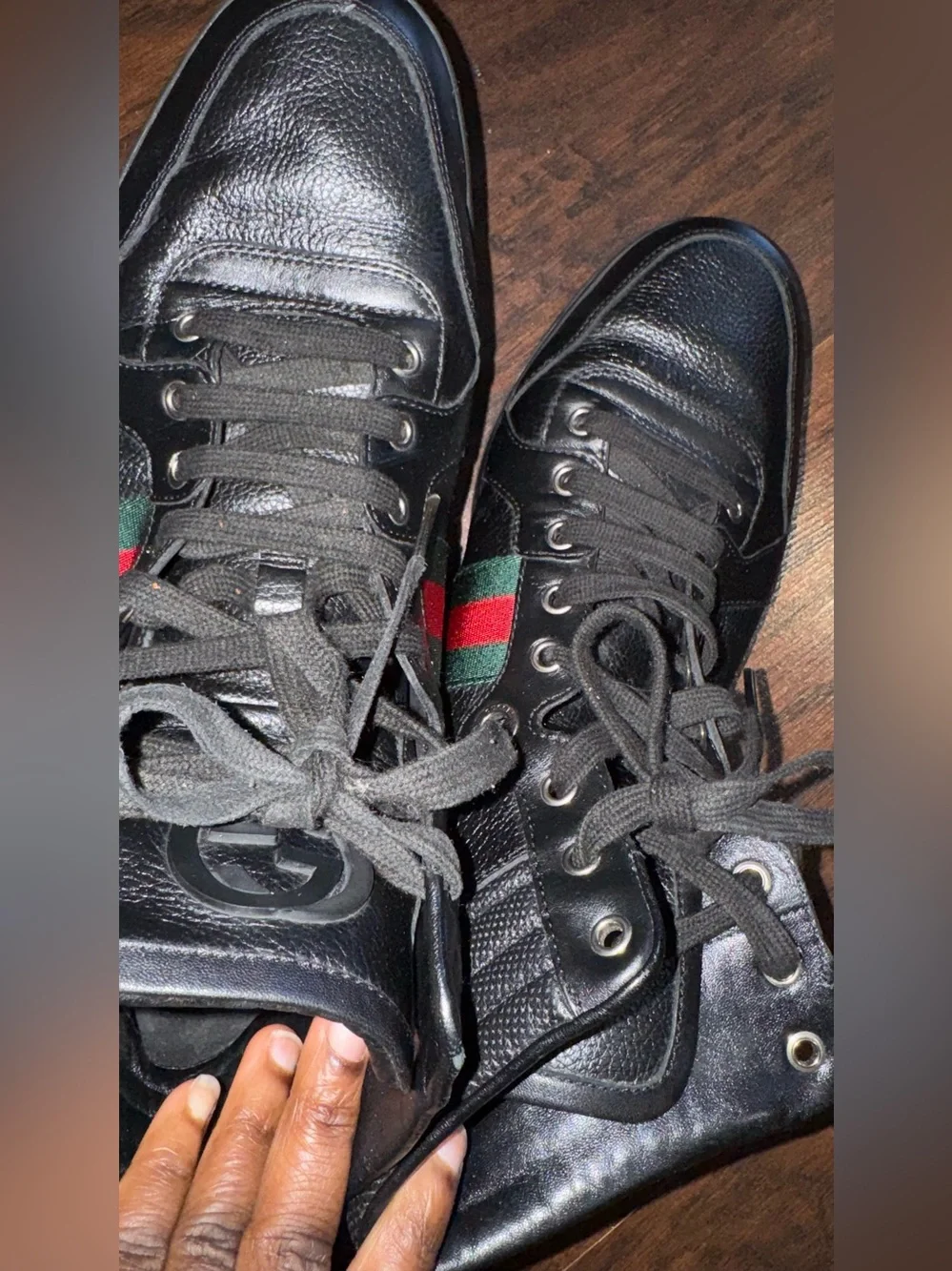 Gucci Black Leather High-Top Boots with Green and Red Web Stripe